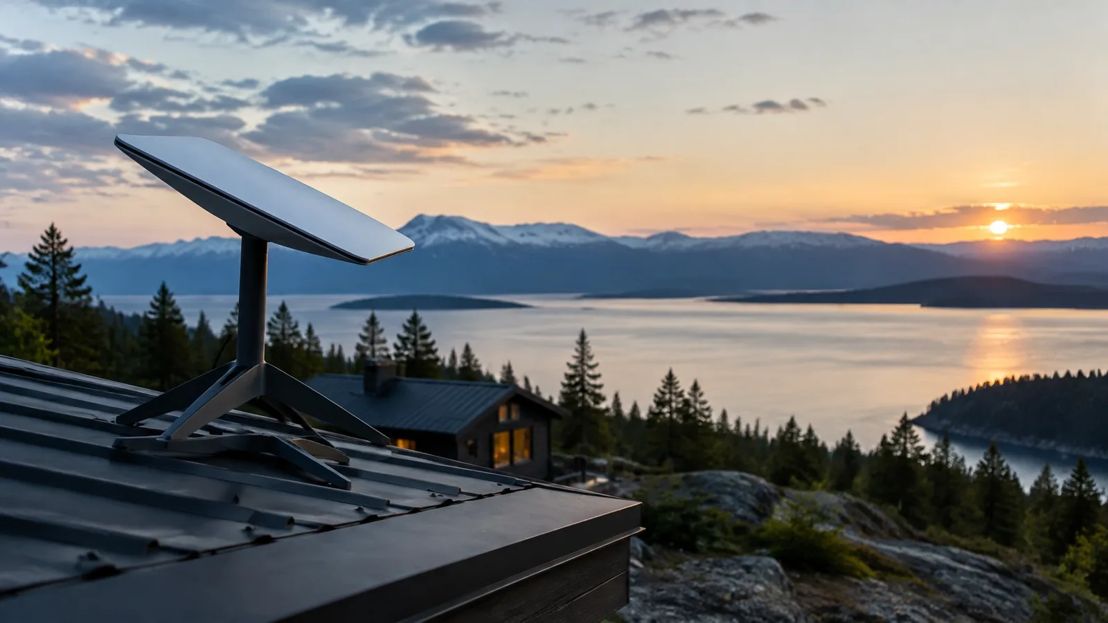 Starlink dish mounted above a lakeside home at sunset